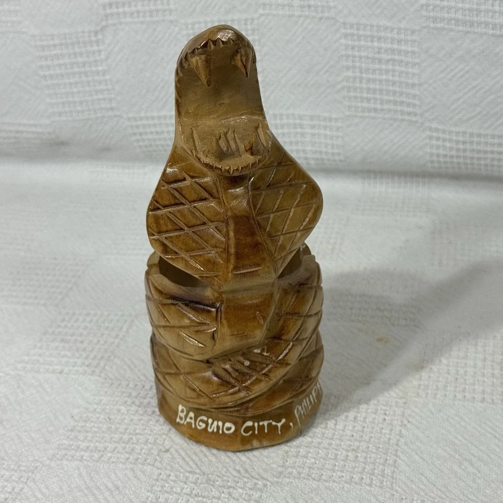 Vintage Hand Carved Wooden Cobra Snake Ash Tray Souvenir Baguio City Philippines